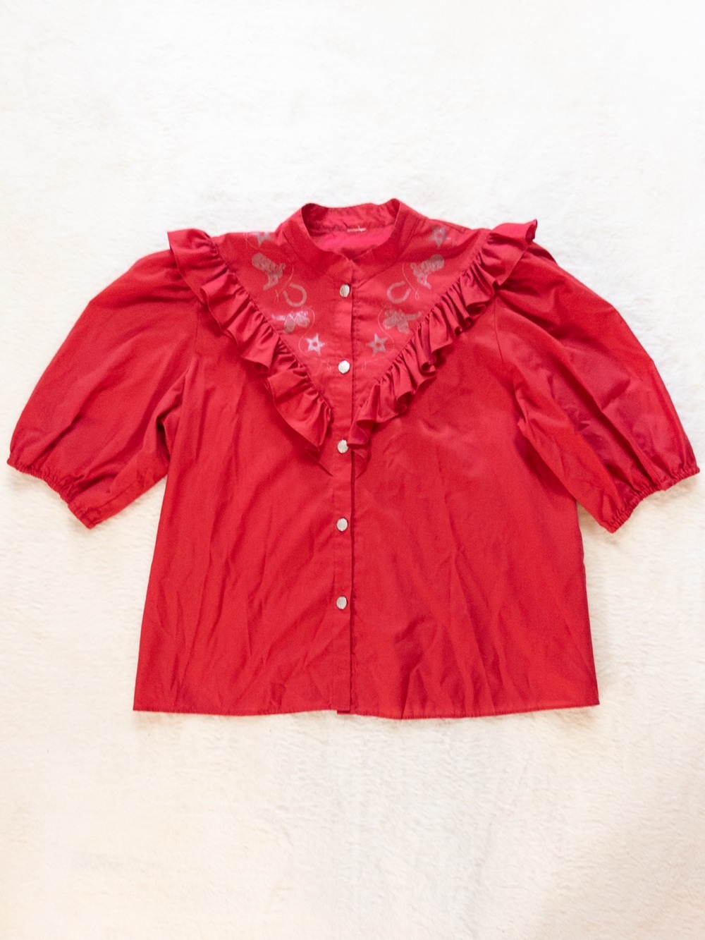 Red Ruffled V-Neck Button Front Women's Top - Picture 7 of 9